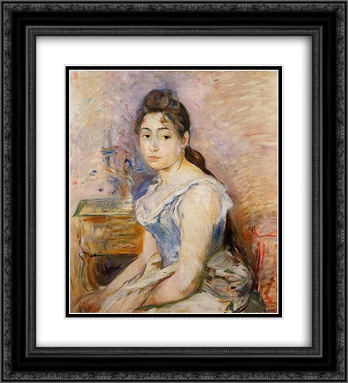 Young Woman in a Blue Blouse 20x22 Black Ornate Wood Framed Art Print Poster with Double Matting by Morisot, Berthe