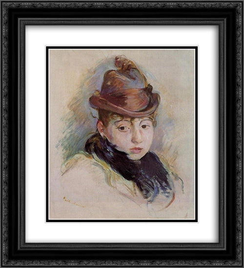 Young Woman in a Hat (Henriette Patte) 20x22 Black Ornate Wood Framed Art Print Poster with Double Matting by Morisot, Berthe