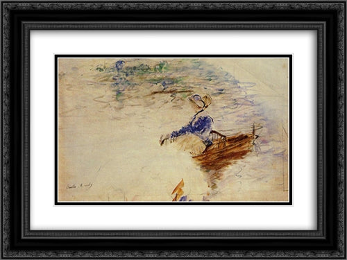 Young Woman in a Rowboat, Eventail 24x18 Black Ornate Wood Framed Art Print Poster with Double Matting by Morisot, Berthe