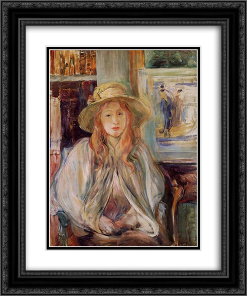 Julie Manet with a straw hat 20x24 Black Ornate Wood Framed Art Print Poster with Double Matting by Morisot, Berthe