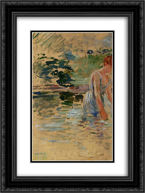 The Bath at Mesnil 18x24 Black Ornate Wood Framed Art Print Poster with Double Matting by Morisot, Berthe