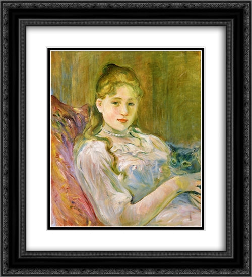 Young Girl with Cat 20x22 Black Ornate Wood Framed Art Print Poster with Double Matting by Morisot, Berthe