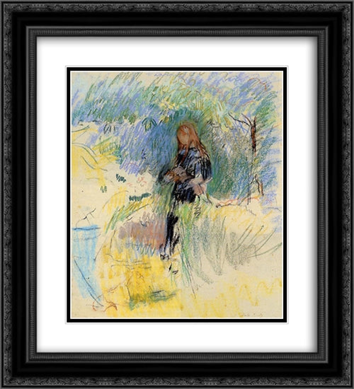 Young Woman Holding a Dog in Her Arms 20x22 Black Ornate Wood Framed Art Print Poster with Double Matting by Morisot, Berthe