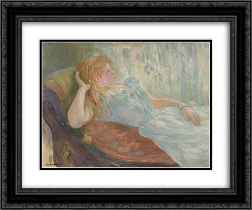 Young girl lying 24x20 Black Ornate Wood Framed Art Print Poster with Double Matting by Morisot, Berthe