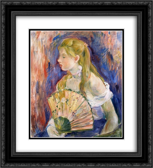Young Girl with a Fan 20x22 Black Ornate Wood Framed Art Print Poster with Double Matting by Morisot, Berthe