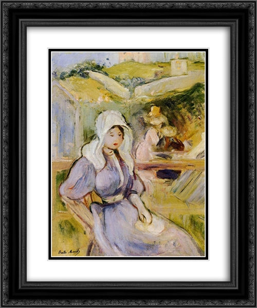 On the Beach at Portrieux 20x24 Black Ornate Wood Framed Art Print Poster with Double Matting by Morisot, Berthe