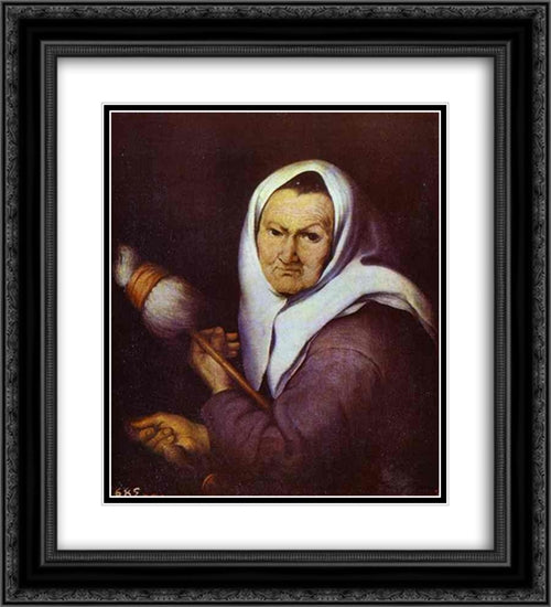 Old Woman with Distaff 20x22 Black Ornate Wood Framed Art Print Poster with Double Matting by Murillo, Bartolome Esteban