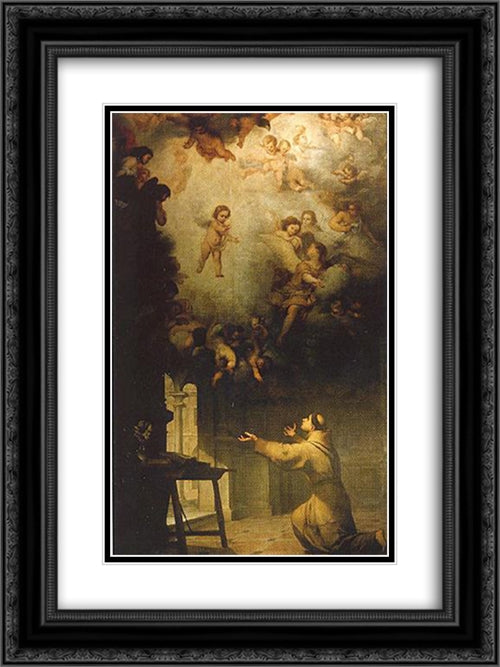 Vision of St. Anthony of Padua 18x24 Black Ornate Wood Framed Art Print Poster with Double Matting by Murillo, Bartolome Esteban