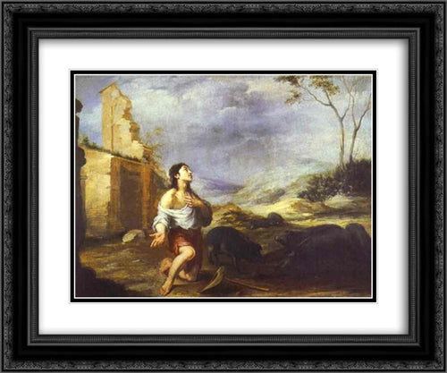 The Prodigal Son Feeding Swine 24x20 Black Ornate Wood Framed Art Print Poster with Double Matting by Murillo, Bartolome Esteban