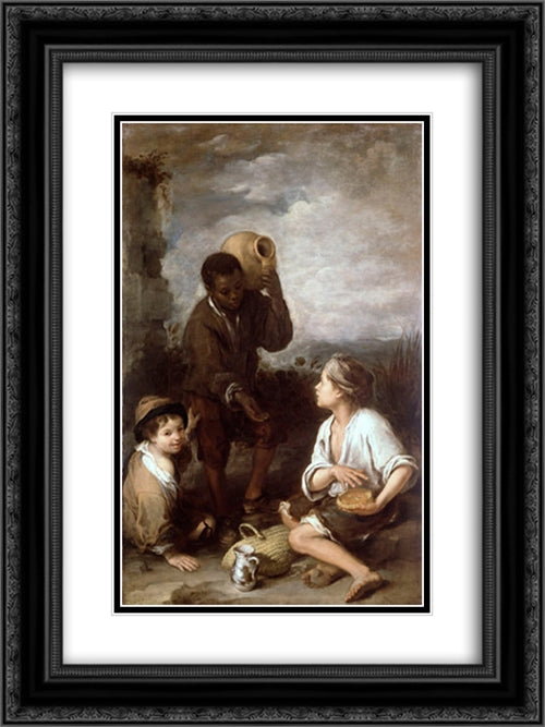 Two Peasant Boys and a Negro Boy 18x24 Black Ornate Wood Framed Art Print Poster with Double Matting by Murillo, Bartolome Esteban