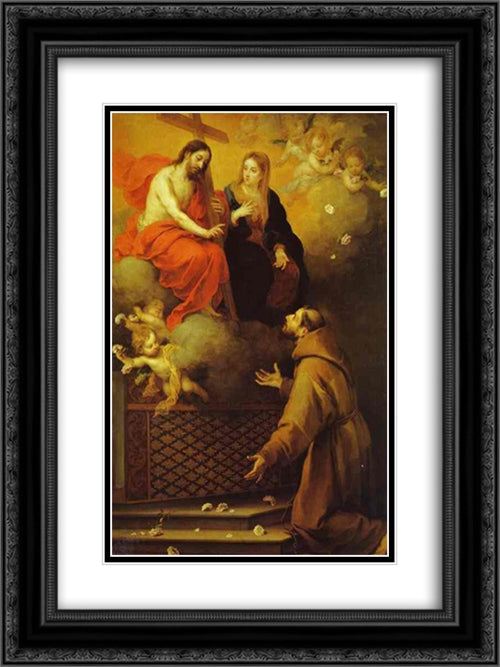 The Vision to St. Francis at Porziuncola 18x24 Black Ornate Wood Framed Art Print Poster with Double Matting by Murillo, Bartolome Esteban