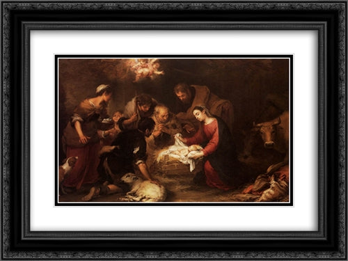 Adoration of the Shepherds 24x18 Black Ornate Wood Framed Art Print Poster with Double Matting by Murillo, Bartolome Esteban