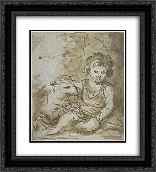 St. John the Baptist with a lamb 20x22 Black Ornate Wood Framed Art Print Poster with Double Matting by Murillo, Bartolome Esteban