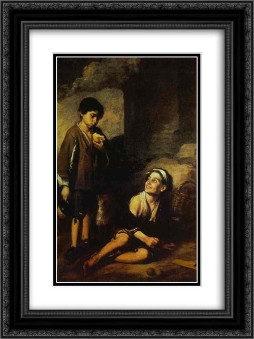 Two Peasant Boys 18x24 Black Ornate Wood Framed Art Print Poster with Double Matting by Murillo, Bartolome Esteban