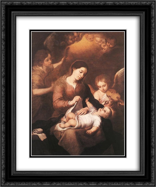 Mary and Child with Angels Playing Music 20x24 Black Ornate Wood Framed Art Print Poster with Double Matting by Murillo, Bartolome Esteban