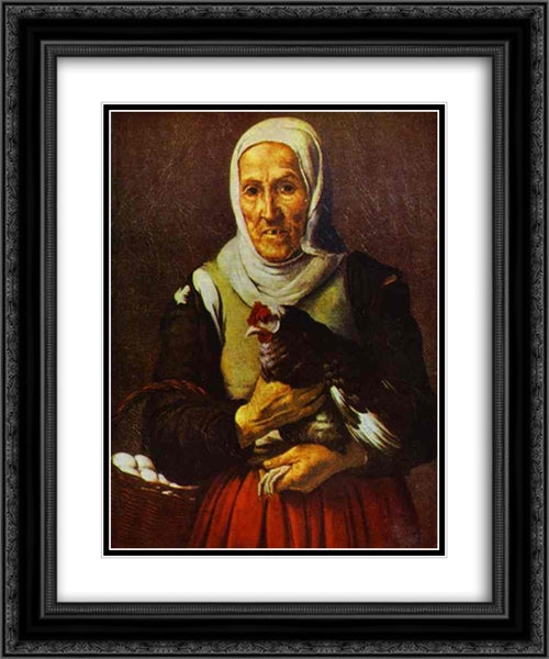 Old Woman with a Hen 20x24 Black Ornate Wood Framed Art Print Poster with Double Matting by Murillo, Bartolome Esteban