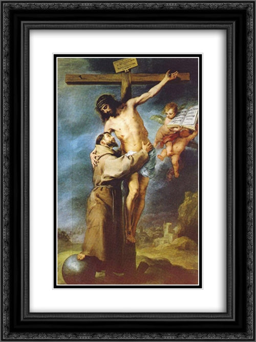 Saint Francis of Assisi embracing the crucified Christ 18x24 Black Ornate Wood Framed Art Print Poster with Double Matting by Murillo, Bartolome Esteban