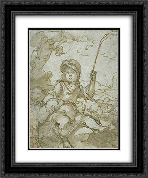 The Good Shepherd Child 20x24 Black Ornate Wood Framed Art Print Poster with Double Matting by Murillo, Bartolome Esteban