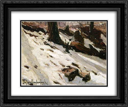 Snow near the Cave, Central Park, New York 24x20 Black Ornate Wood Framed Art Print Poster with Double Matting by Onderdonk, Robert Julian