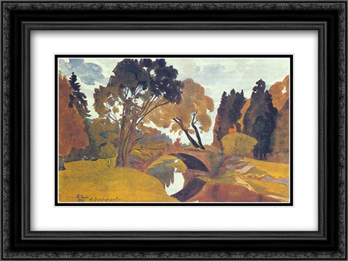 Pavlovsk. Novosilviysky bridge. 24x18 Black Ornate Wood Framed Art Print Poster with Double Matting by Ostroumova Lebedeva, Anna