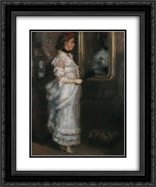 Lady in the mirror with a fan 20x24 Black Ornate Wood Framed Art Print Poster with Double Matting by Pantazis, Pericles