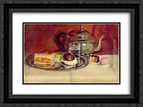 Still Life with Cakes and a Silver Teapot 24x18 Black Ornate Wood Framed Art Print Poster with Double Matting by Pantazis, Pericles