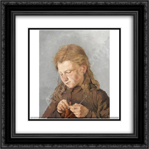 Young girl knitting 20x20 Black Ornate Wood Framed Art Print Poster with Double Matting by Pantazis, Pericles