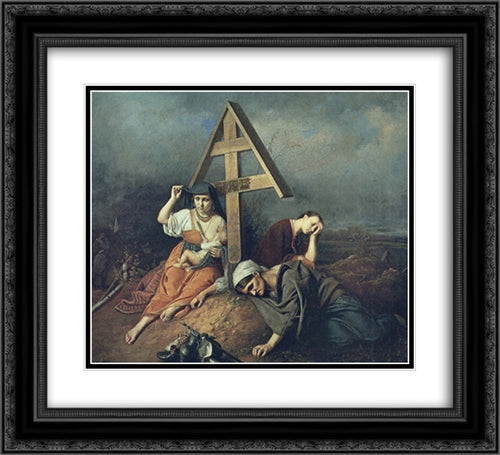 Scene on a Grave 22x20 Black Ornate Wood Framed Art Print Poster with Double Matting by Perov, Vasily