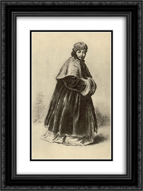 Shy girl. Study for the painting 'The Janitor, who gives an apartment to her mistress' 18x24 Black Ornate Wood Framed Art Print Poster with Double Matting by Perov, Vasily