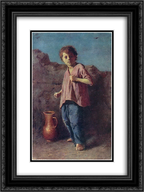 The boy, preparing for a fight 18x24 Black Ornate Wood Framed Art Print Poster with Double Matting by Perov, Vasily