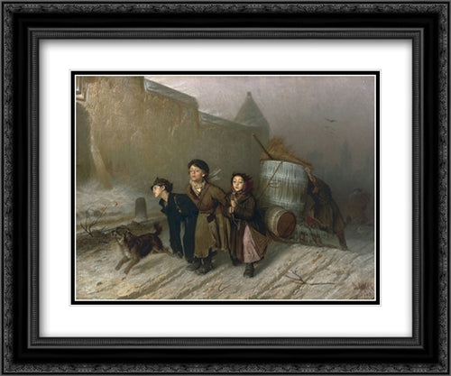 Troika. Apprentice Workmen Carrying Water 24x20 Black Ornate Wood Framed Art Print Poster with Double Matting by Perov, Vasily