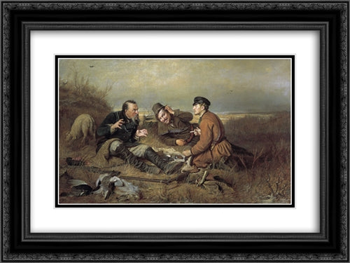 Hunters at rest 24x18 Black Ornate Wood Framed Art Print Poster with Double Matting by Perov, Vasily