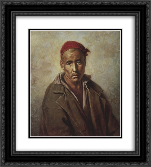 Head of a Kirgiz-convict 20x22 Black Ornate Wood Framed Art Print Poster with Double Matting by Perov, Vasily