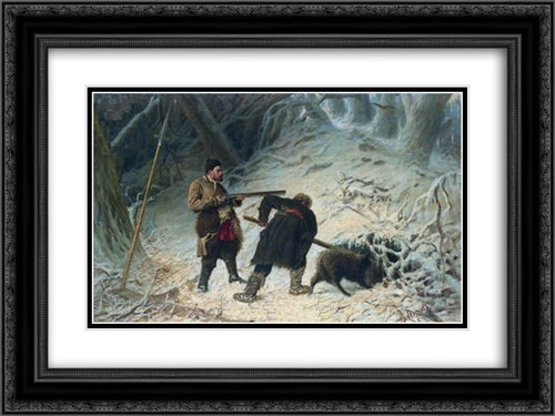 Hunting for wild boar 24x18 Black Ornate Wood Framed Art Print Poster with Double Matting by Perov, Vasily