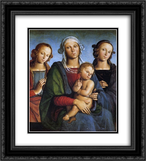 Madonna and Child with St. Catherine and St. Rosa 20x22 Black Ornate Wood Framed Art Print Poster with Double Matting by Perugino, Pietro