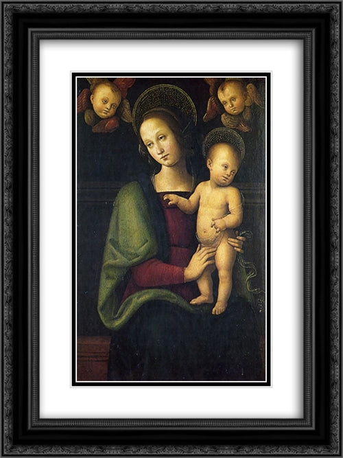 Madonna and Child with two cherubs 18x24 Black Ornate Wood Framed Art Print Poster with Double Matting by Perugino, Pietro