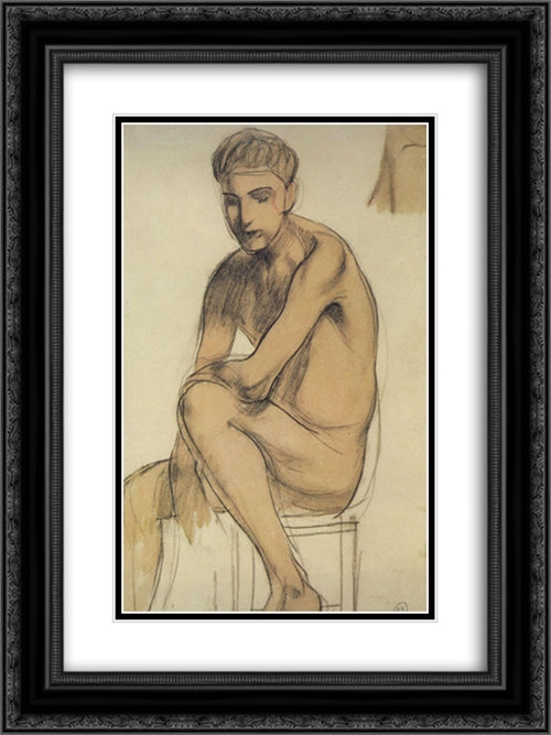 Seated Boy 18x24 Black Ornate Wood Framed Art Print Poster with Double Matting by Petrov Vodkin, Kuzma