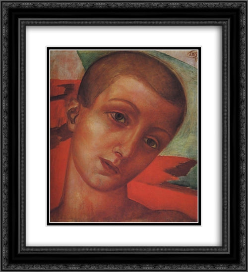 Head of a boy 20x22 Black Ornate Wood Framed Art Print Poster with Double Matting by Petrov Vodkin, Kuzma