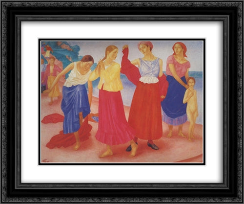 Girls on the Volga 24x20 Black Ornate Wood Framed Art Print Poster with Double Matting by Petrov Vodkin, Kuzma