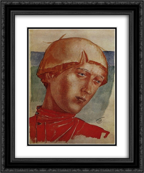 Head of a boy 20x24 Black Ornate Wood Framed Art Print Poster with Double Matting by Petrov Vodkin, Kuzma