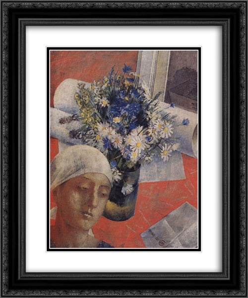 Still Life (with a female head) 20x24 Black Ornate Wood Framed Art Print Poster with Double Matting by Petrov Vodkin, Kuzma