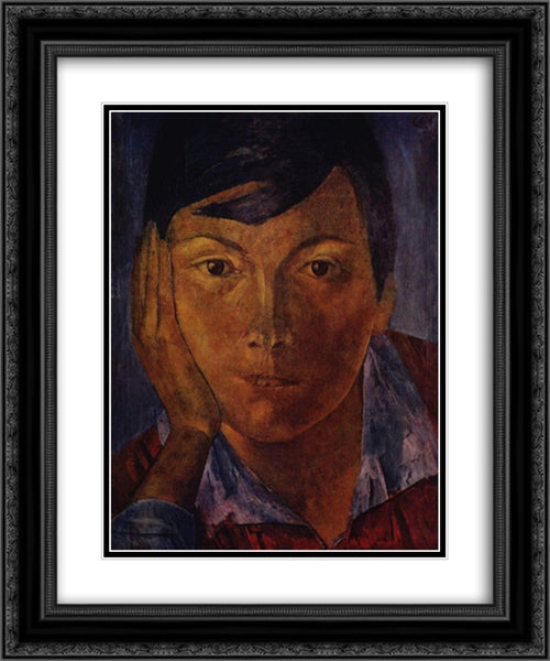 Yellow face (female face) 20x24 Black Ornate Wood Framed Art Print Poster with Double Matting by Petrov Vodkin, Kuzma