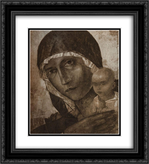 Madonna and Child 20x22 Black Ornate Wood Framed Art Print Poster with Double Matting by Petrov Vodkin, Kuzma