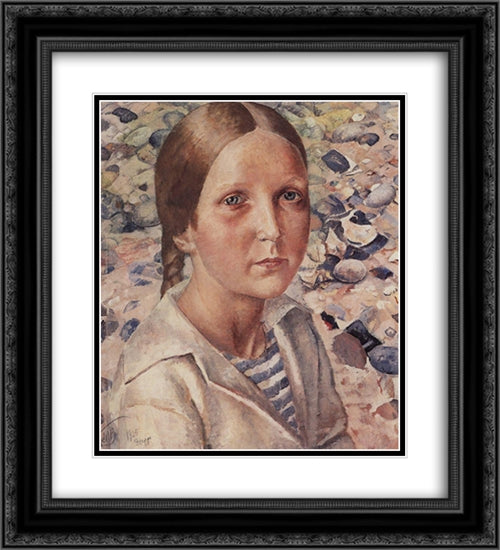 The girl on the beach 20x22 Black Ornate Wood Framed Art Print Poster with Double Matting by Petrov Vodkin, Kuzma