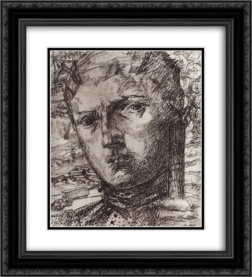 Head boys against the backdrop of the rural landscape 20x22 Black Ornate Wood Framed Art Print Poster with Double Matting by Petrov Vodkin, Kuzma