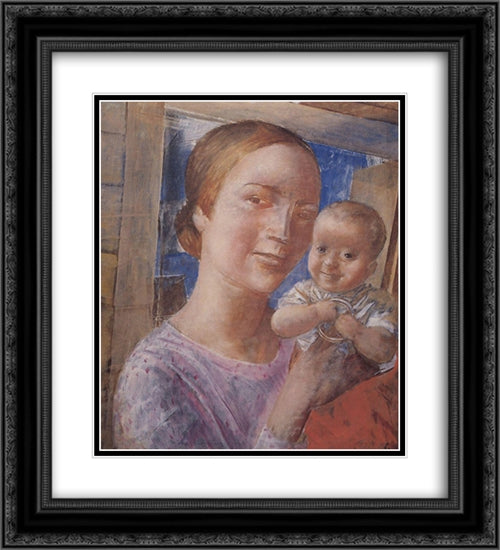 Mother and child 20x22 Black Ornate Wood Framed Art Print Poster with Double Matting by Petrov Vodkin, Kuzma