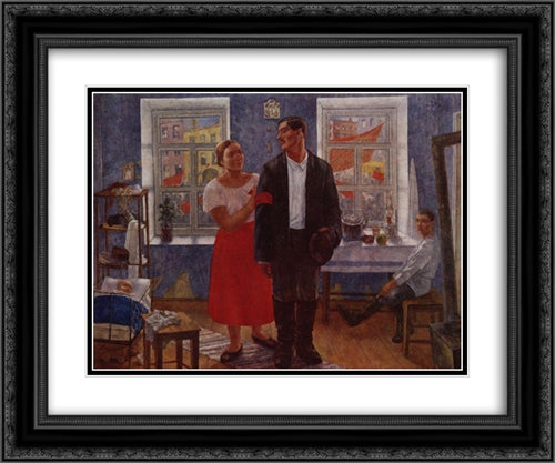 The first demonstration (Family working on the first anniversary of October) 24x20 Black Ornate Wood Framed Art Print Poster with Double Matting by Petrov Vodkin, Kuzma