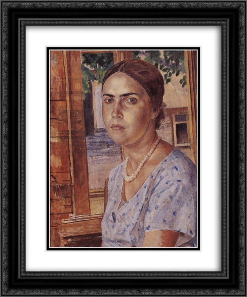 The girl at the window 20x24 Black Ornate Wood Framed Art Print Poster with Double Matting by Petrov Vodkin, Kuzma