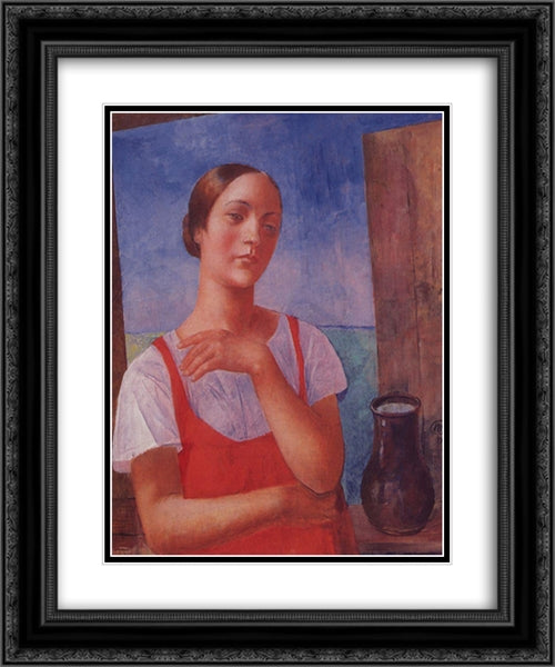 The girl in sarafan 20x24 Black Ornate Wood Framed Art Print Poster with Double Matting by Petrov Vodkin, Kuzma