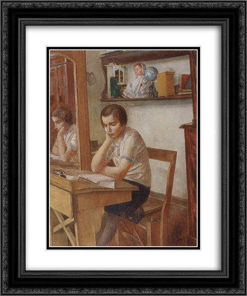 The girl at the desk 20x24 Black Ornate Wood Framed Art Print Poster with Double Matting by Petrov Vodkin, Kuzma